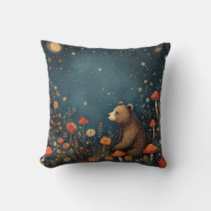 Bear in Colourful Forest With Stars and Mushrooms Cushion