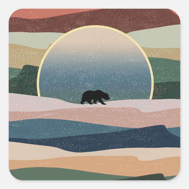 BEAR IN DESERT SUNSET SQUARE STICKER (Front)