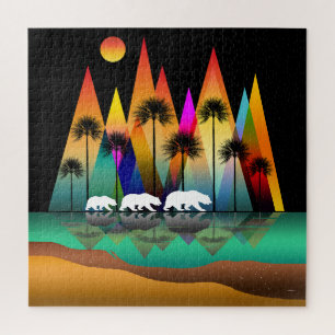 Bear In Forest Modern Mountains Jigsaw Puzzle