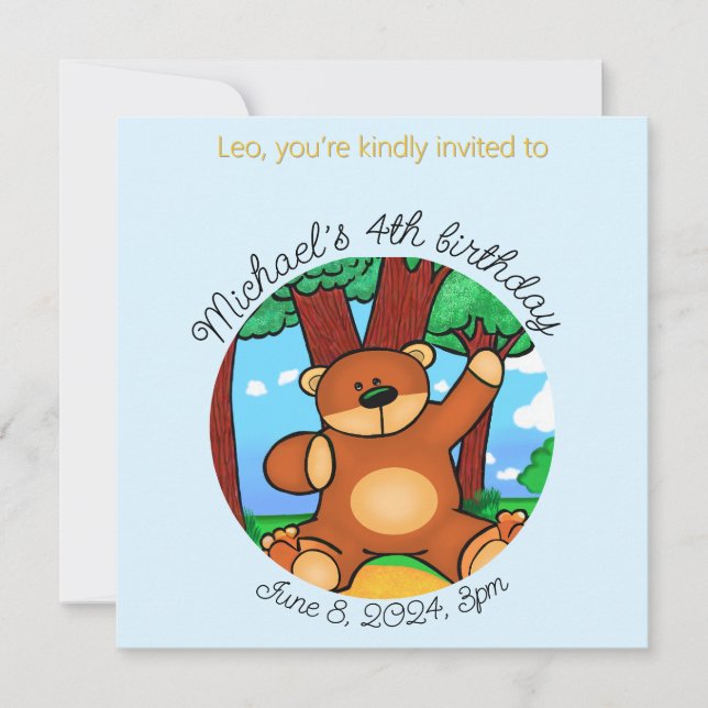 Bear in grassland birthday  invitation (Front)
