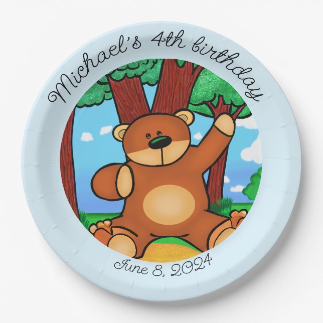 Bear in grassland birthday  paper plate (Front)
