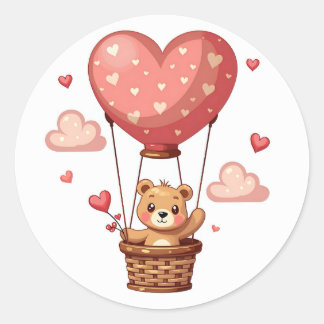 Bear in Heart-Shaped Hot Air Balloon with Hearts Classic Round Sticker