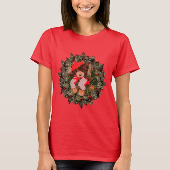 Bear In Holly Wreath Christmas Holiday  T-Shirt (Front)
