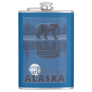 Bear in Moonlight - Denali National Park, Alaska Hip Flask