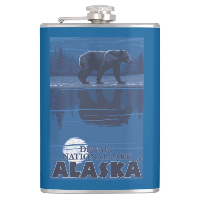 Bear in Moonlight - Denali National Park, Alaska Hip Flask (Front)