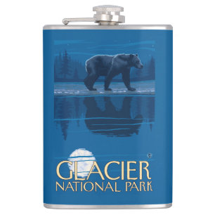 Bear in Moonlight - Glacier National Park, MT Hip Flask