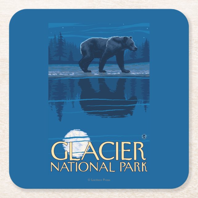 Bear in Moonlight - Glacier National Park, MT Square Paper Coaster (Front)