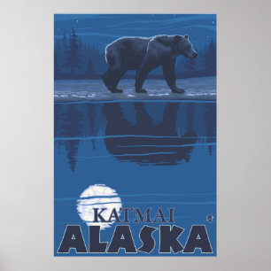 Bear in Moonlight - Katmai, Alaska Poster