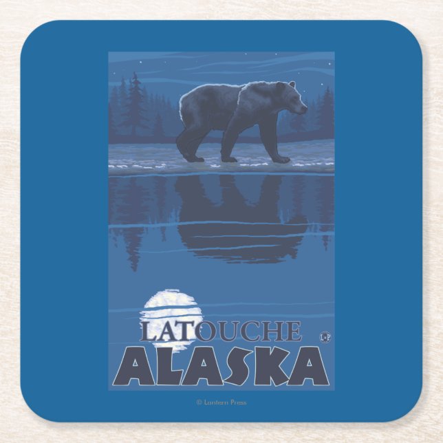Bear in Moonlight - Latouche, Alaska Square Paper Coaster (Front)