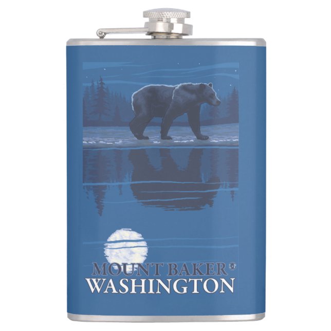 Bear in Moonlight - Mount Baker, Washington Hip Flask (Front)