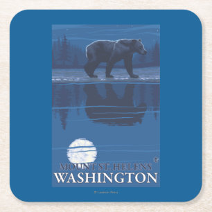 Bear in Moonlight - Mount St. Helens, Square Paper Coaster