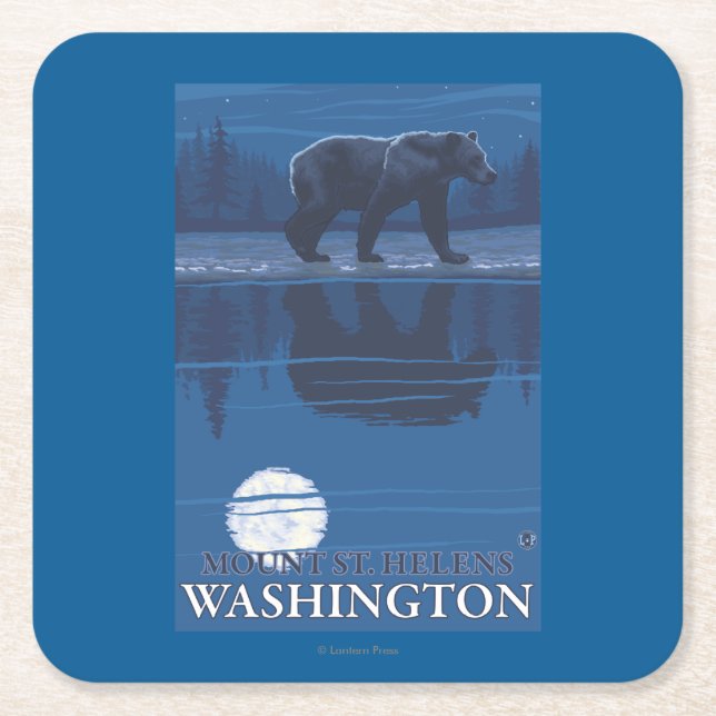 Bear in Moonlight - Mount St. Helens, Square Paper Coaster (Front)
