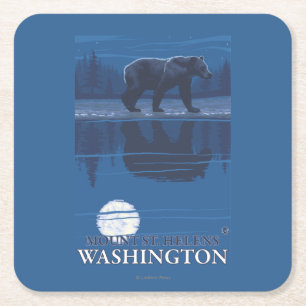 Bear in Moonlight - Mount St. Helens, Square Paper Coaster