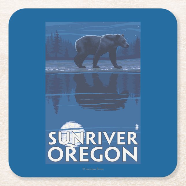 Bear in Moonlight - Sun River, Oregon Square Paper Coaster (Front)