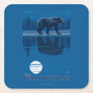 Bear in Moonlight - West Yellowstone, Montana Square Paper Coaster