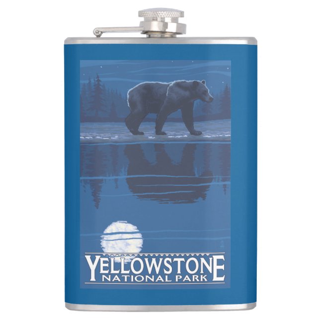 Bear in Moonlight - Yellowstone National Park Hip Flask (Front)