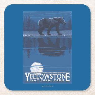 Bear in Moonlight - Yellowstone National Park Square Paper Coaster
