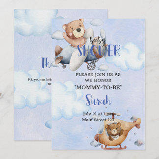 Bear In Plane Baby Shower Invitation