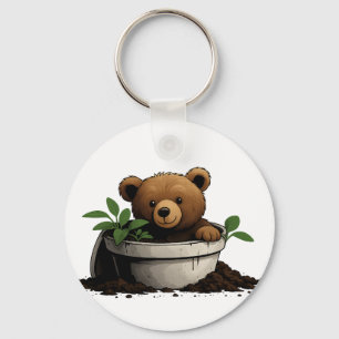 Bear in Potted Plant Illustration Key Ring