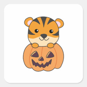 Bear In Pumpkin Orange Tiger Halloween Haircat Square Sticker