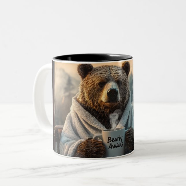 Bear in Robe Holding Coffee Mug (Front Left)