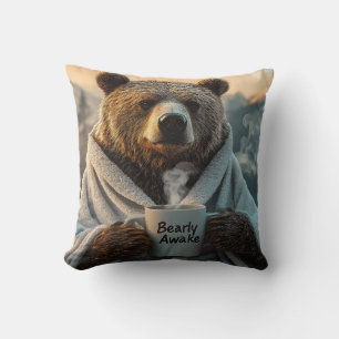 Bear in Robe Holding Coffee Mug Cushion