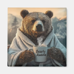 Bear in Robe Holding Coffee Mug Magnet