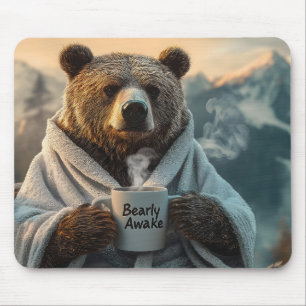 Bear in Robe Holding Coffee Mug Mouse Mat