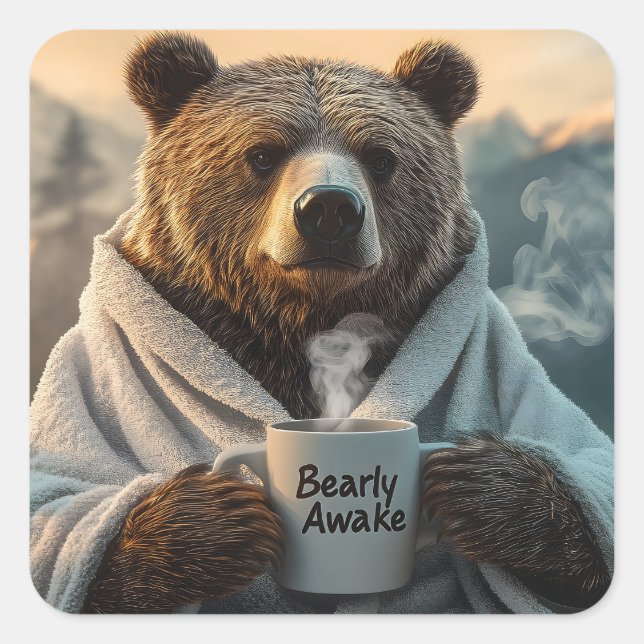 Bear in Robe Holding Coffee Mug Square Sticker (Front)