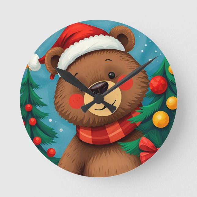 Bear in Santa Hat Among Christmas Trees Round Clock (Front)