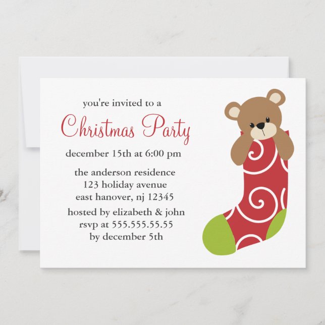 Bear in Stocking Christmas Party Invitations (Front)