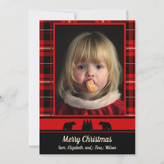 Bear in the Woods Red Plaid Photo Christmas Announcement (Front)