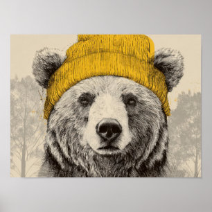 Bear in Yellow Beanie Rustic Woodland Animal Poster
