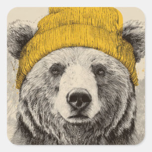 Bear in Yellow Beanie Rustic Woodland Animal Square Sticker