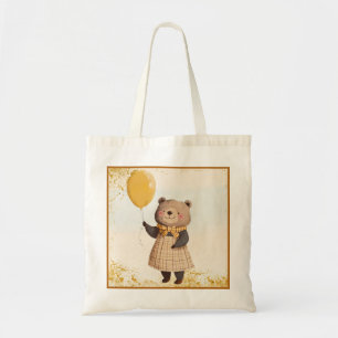 Bear in Yellow Plaid Dress with Yellow Balloon Tote Bag