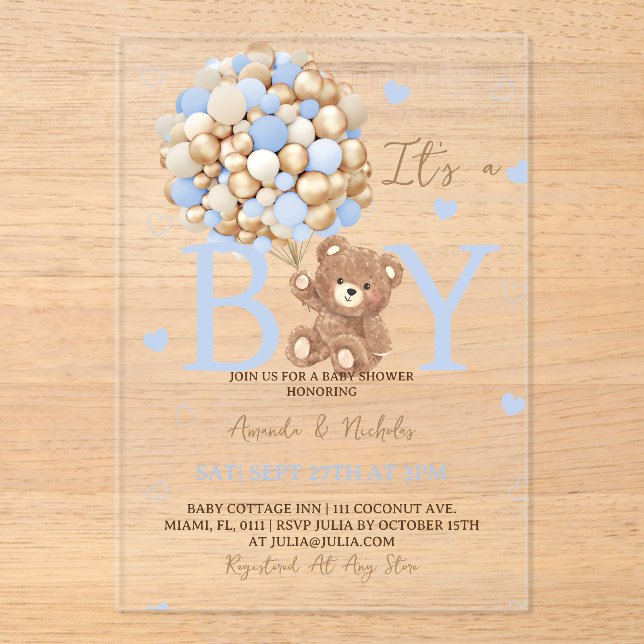Bear It's a Boy Baby Shower  Acrylic Invitations (Front)
