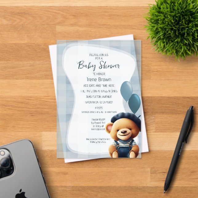 Bear Jean Baby Shower Blue Acrylic Invitation (Insitu (Invitation Card))