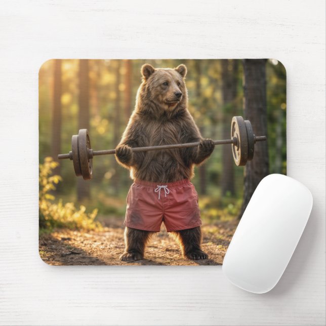 Bear Lifting Weights In a Sunny Forest Mouse Mat (With Mouse)