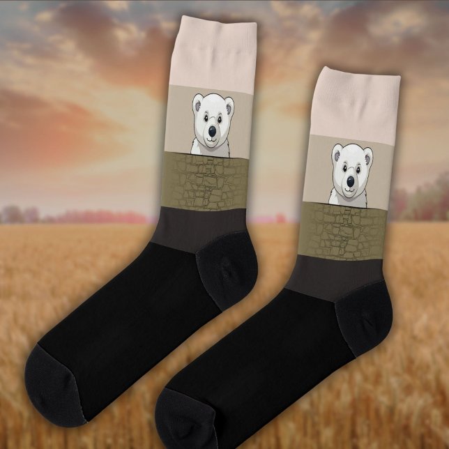 Bear looking over wall, Beige and Dark Colours Socks (Creator Uploaded)