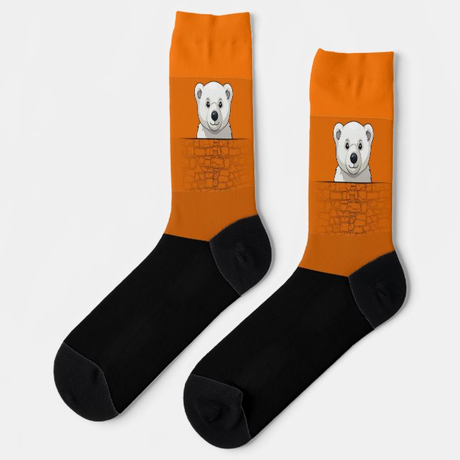 Bear looking over wall, Orange Pumpkin Socks (Left)
