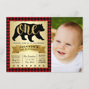 Bear Lumberjack 1st Birthday Party Invitations