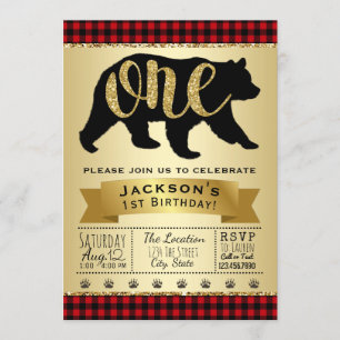 Bear Lumberjack 1st Birthday Party Invitations
