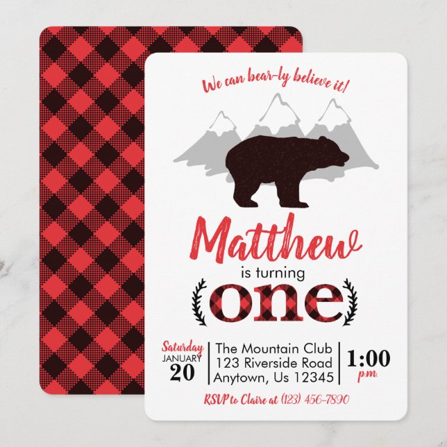 Bear Lumberjack Boy First Birthday Invitation (Front/Back)
