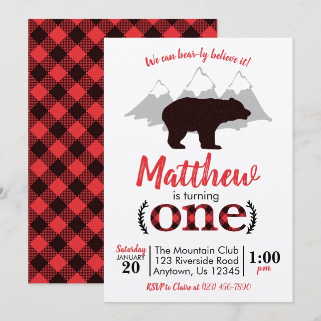 Bear Lumberjack Boy First Birthday Invitation (Front/Back)
