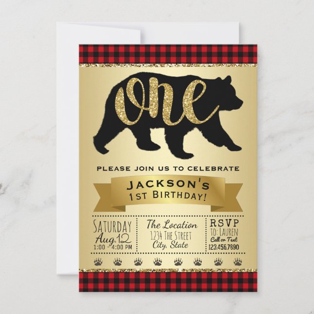 Bear Lumberjack First Birthday Party Invitations (Front)