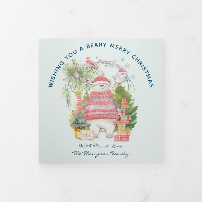 Bear Merry Christmas 5 Photos Festive Newsletter Tri-Fold Holiday Card (Cover)