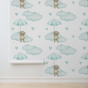 Bear Mint Green Umbrella Clouds Hearts Baby Girl Wallpaper