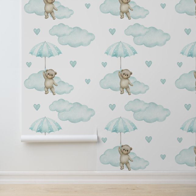 Bear Mint Green Umbrella Clouds Hearts Baby Girl Wallpaper (Application)