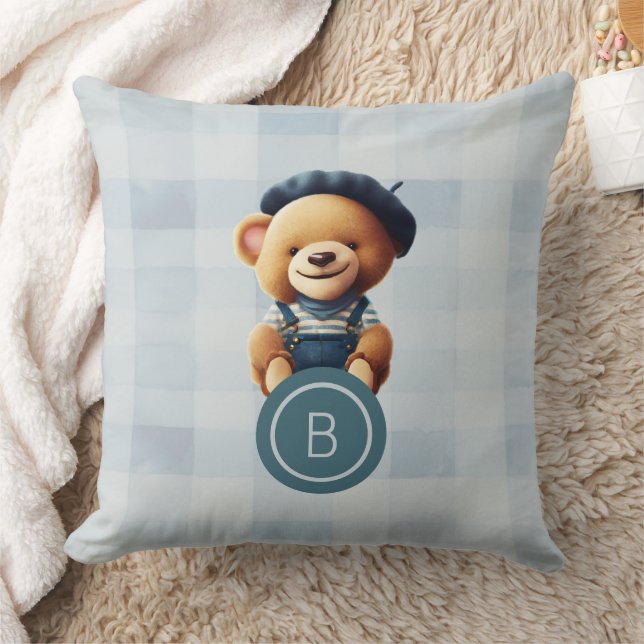 Bear Monogram Blue Gingham Cushion (Blanket)