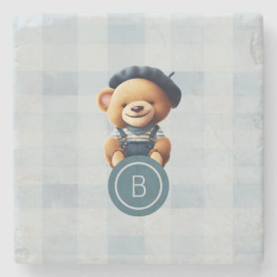 Bear Monogram Blue Gingham Stone Coaster